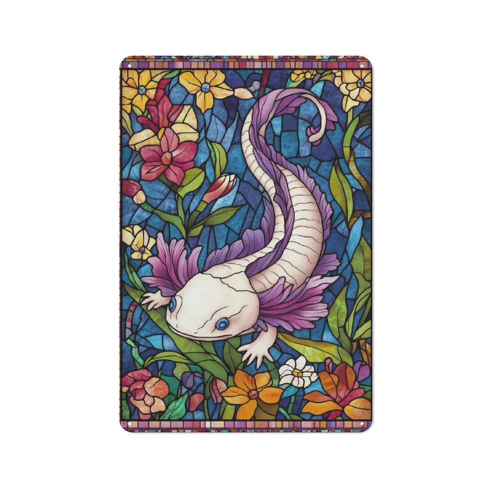 Junmoney Stained Glass Axolotl Simple Retro Tin Sign 30X20cm Featuring Studio Wall Plaque For Office, Study, Studio Or Hallway