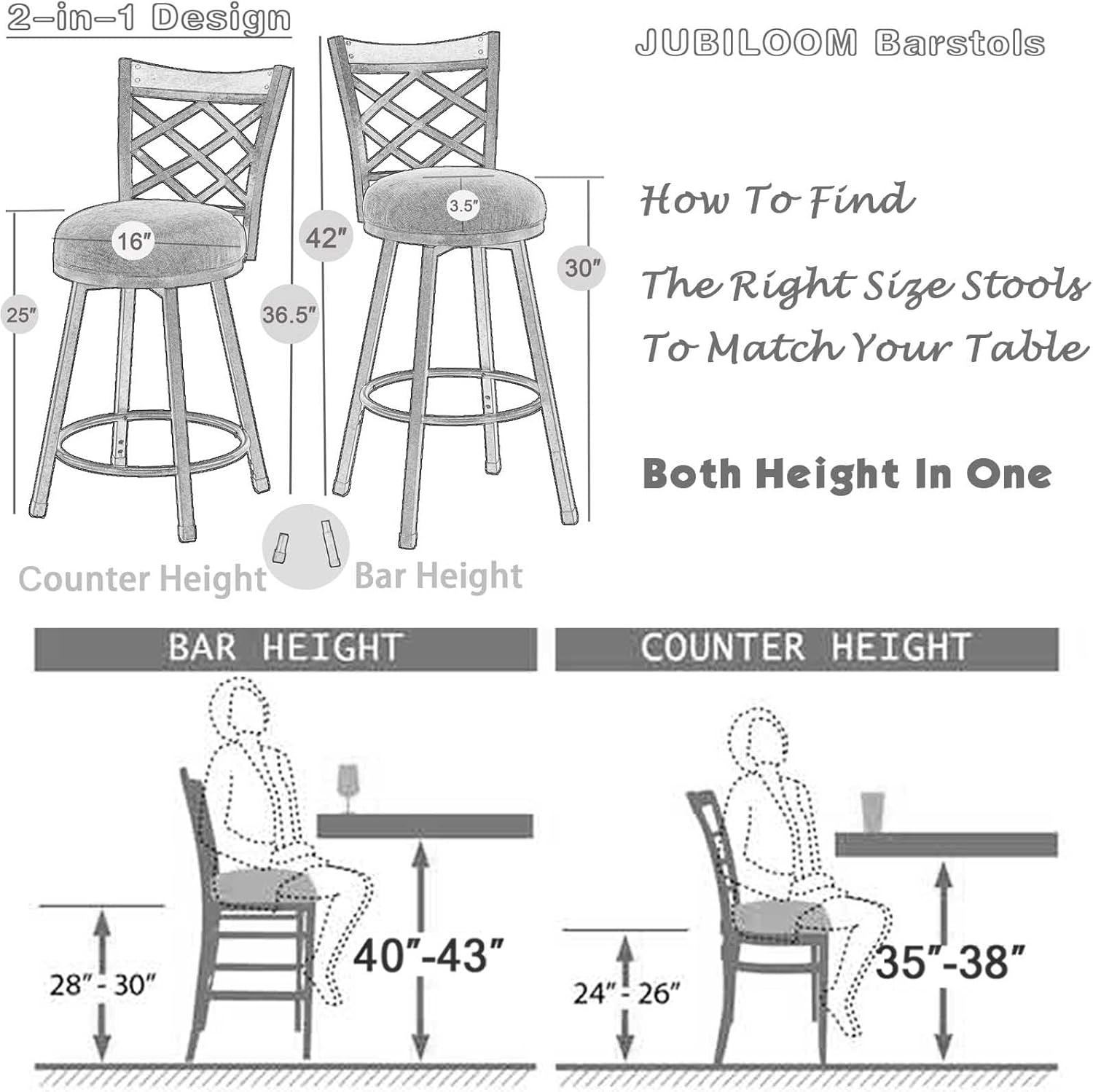 Farmhouse Swivel Bar Stools with Backs Set of 2, (2-in-1) 25"/30" Adjustable Height Counter & Bar Chairs, Industrial Metal Stools with Black PU, Vintage Rustic Wood for Kitchen Island, Pub