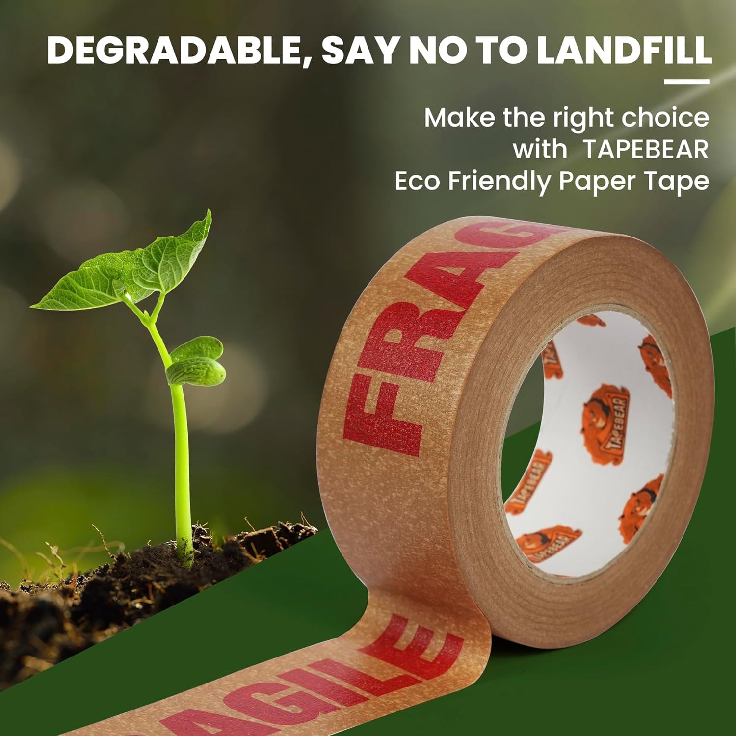 TAPEBEAR 36Rolls Fragile Tape Eco-Friendly Kraft Paper Tape 2Inch x 55Yard, Biodegradable Packaging Brown Paper Tape Self Adhesive Box Tape for Small Business, Shipping, Sealing, Moving