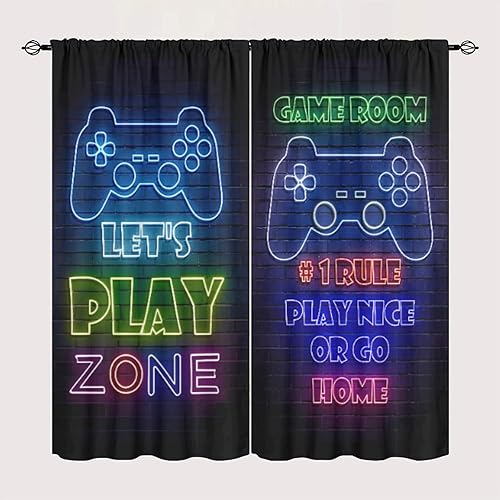 Cortinas opacas con estampado de gamepad para dormitorio, controlador de videojuegos, diseño de letrero de neón, cortina impermeable para ventana de