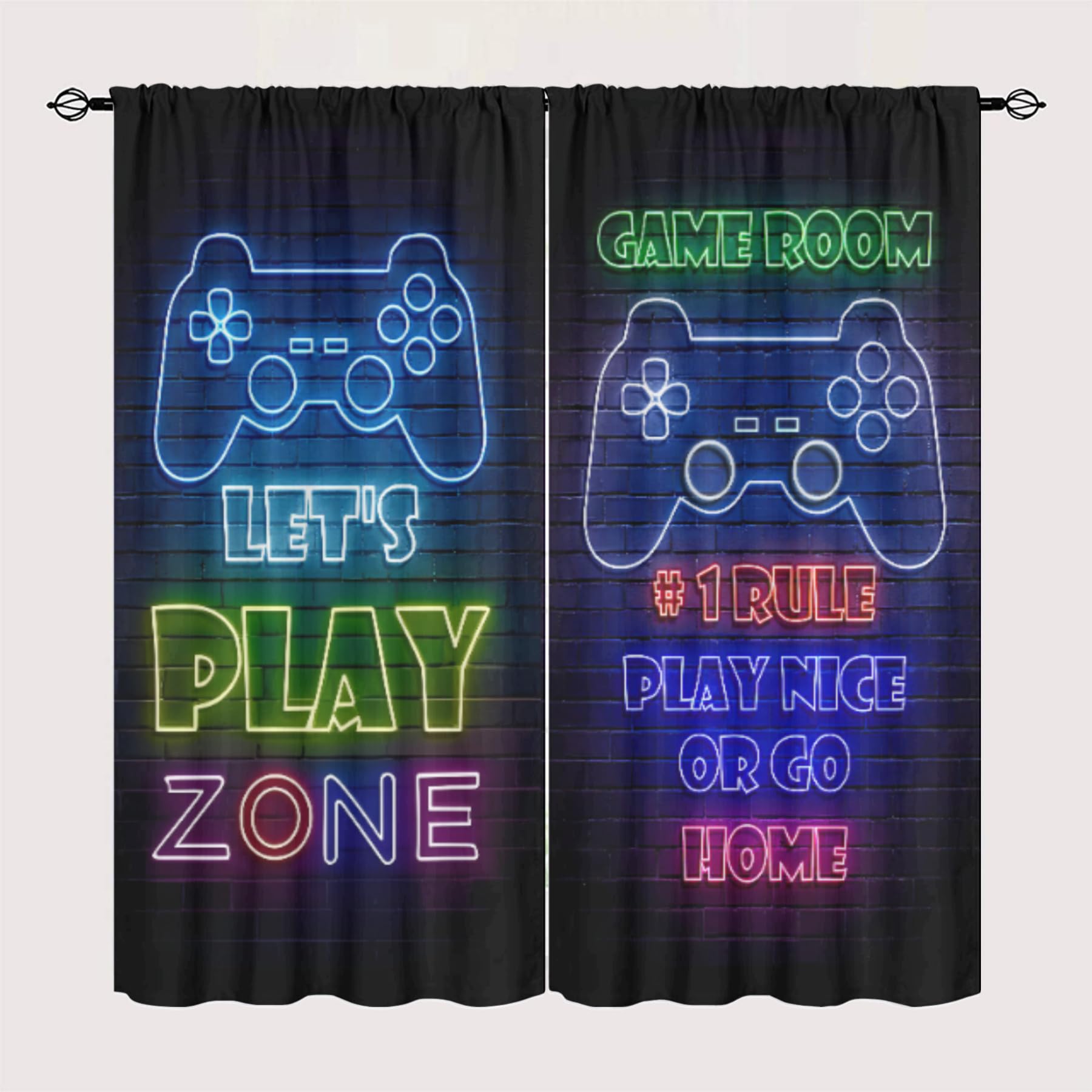 GY Gamepad Gamer Blackout Curtains/Drapes, Rod Pocket Top, 52x63 Inch, Neon Sign Design, Energy Efficient, Black Out