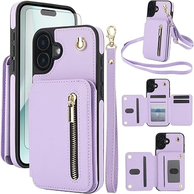 Phone Case for iPhone 16 Plus 6.7 inch RFID Wallet Cell Cover with Tempered Glass Screen Protector Crossbody Strap Credit Card Holder Slot Stand i Phone16 16+ i16 + 16Plus Women Men Purple