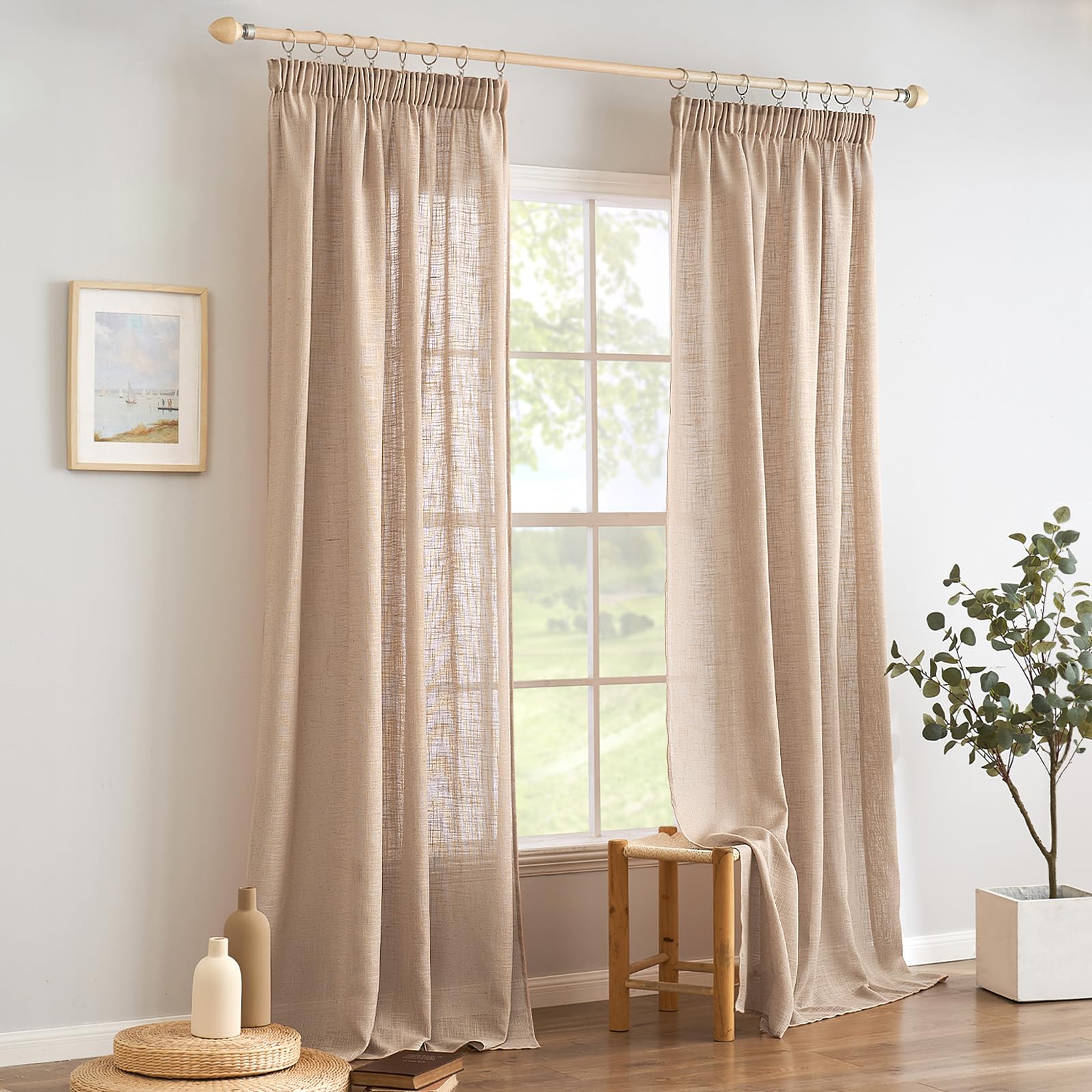 Woaboy Rideau Voilage Lin Translucide Salon Ruban Lot de 2 140x245cm Blé | Tissu effet lin translucide pour salon et chambre, filtre la lumière et préserve l intimité.