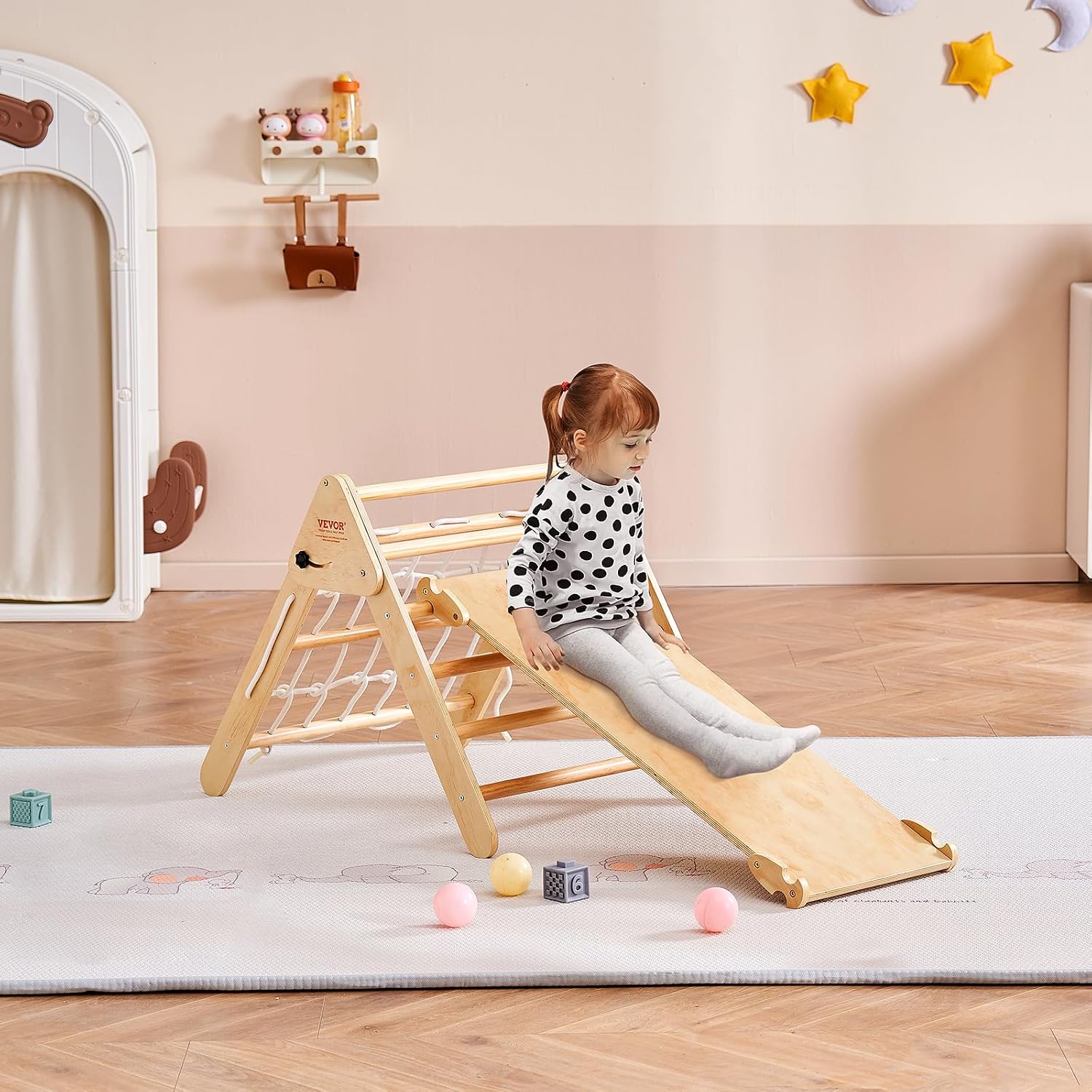 VEVOR Pikler Triangle Set Climber 4 in 1, Montessori Foldable Climbing Set, Large Size Toddler Climbing Toys Indoor with Triangle and Ramp for Kids (Wooden Color)