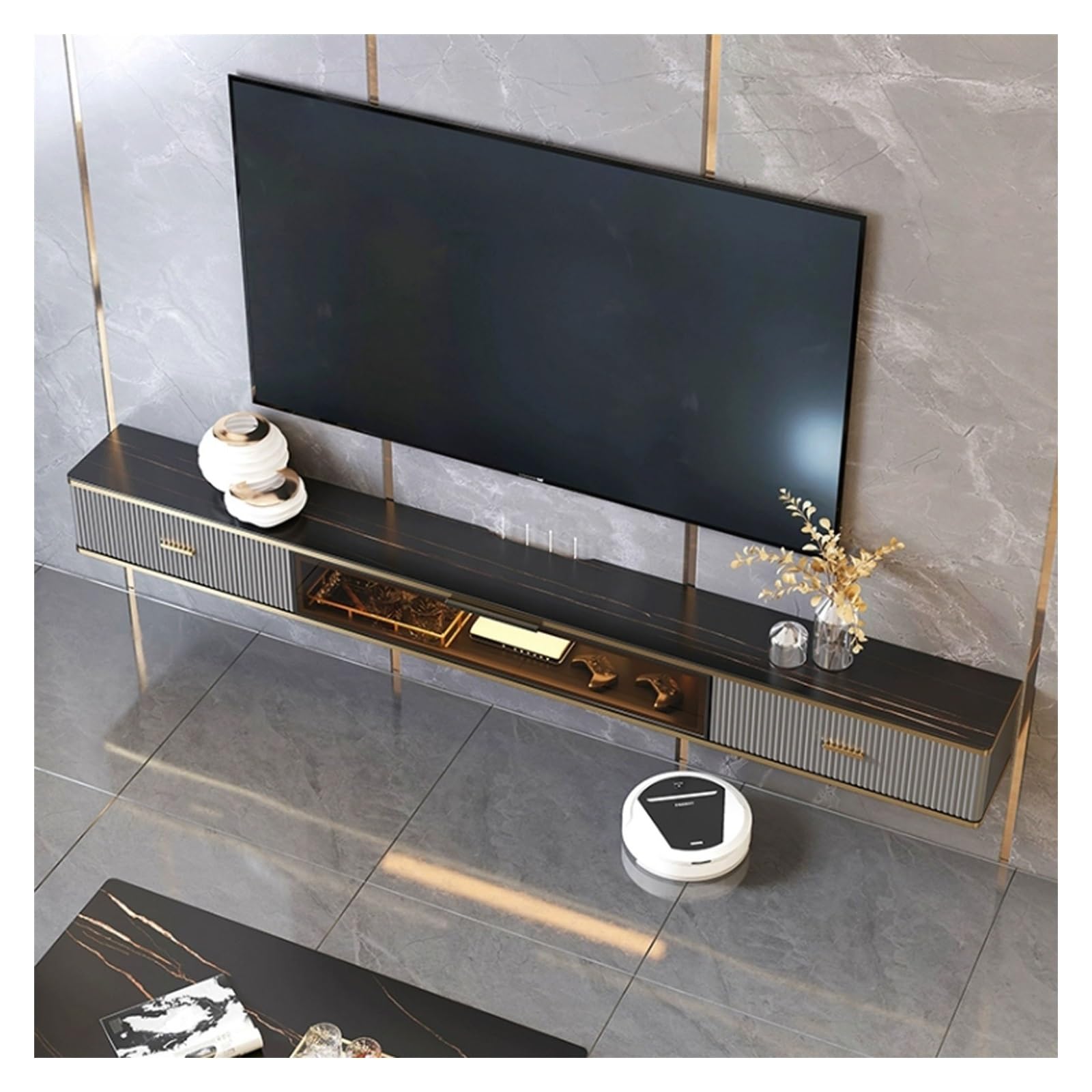 Soporte flotante de pared para TV de 70.5 pulgadas, 78.7 pulgadas, estante de madera con parte superior de pizarra, consola moderna para televisores, elegante centro de entretenimiento montado en la