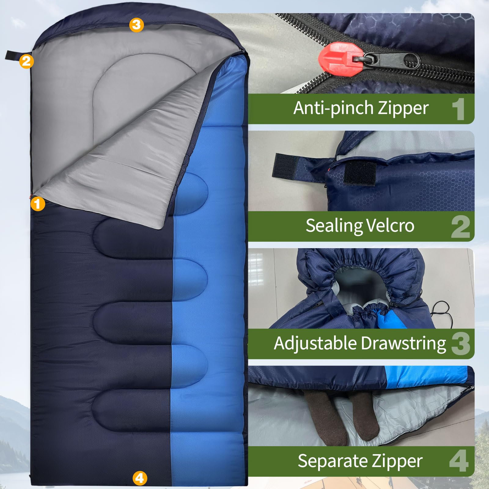 XL 10 Grados Saco de Dormir para Adultos Lavable a Máquina con Bolsa de Compresión para 3-4 Temporadas Camping Senderismo Outdoor Multicolor