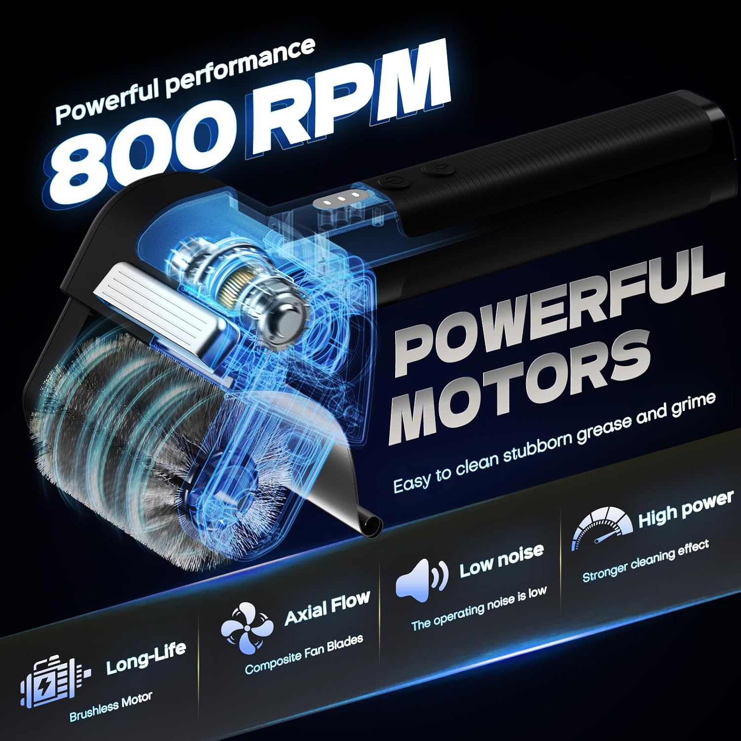 Electric Grill Brush, Grill Cleaner with LED Light, with 800 RPM Motor, 304 Removable Stainless Steel Brush Head, Cordless & Type-C Rechargeable for BBQ, Heavy Duty Grill Cleaning Tool (Black)