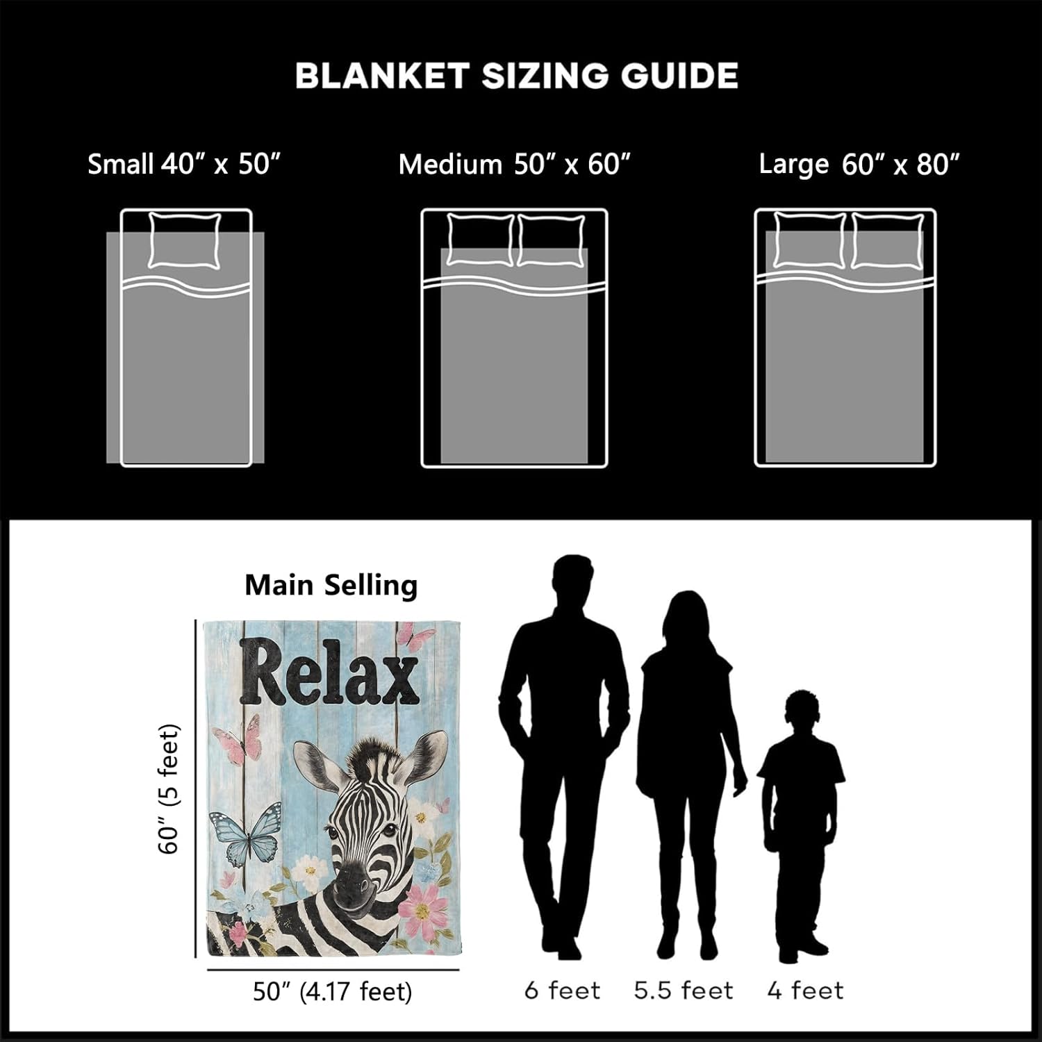 Relax Zebra Blanket, Cozy Plush Cute Zebra with Butterflies Flowers Throw Blanket for Couch Bedroom Outdoor, Lightweight Soft Flannel Travel Blankets, Gifts for Women Kids, Warm Decor 50"×60"