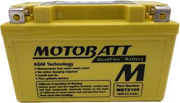 MotoBatt MBTZ10S 12V 8.6 Amp 165CCA Factory Activated QuadFlex AGM Battery Replaces - YTX7A-BS, YTZ10S, ETZ10S, PC310