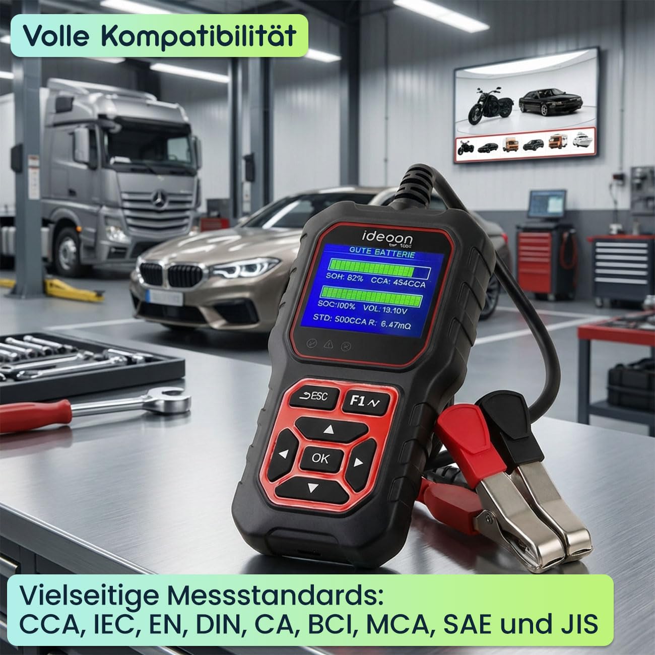 ideoon Digitaler 5-36V Batterietester mit 2.4 Zoll LCD Farbdisplay, Autobatterie Prüfgerät für Nass AGM Gel EFB Lithium, 12V 24V Starttest