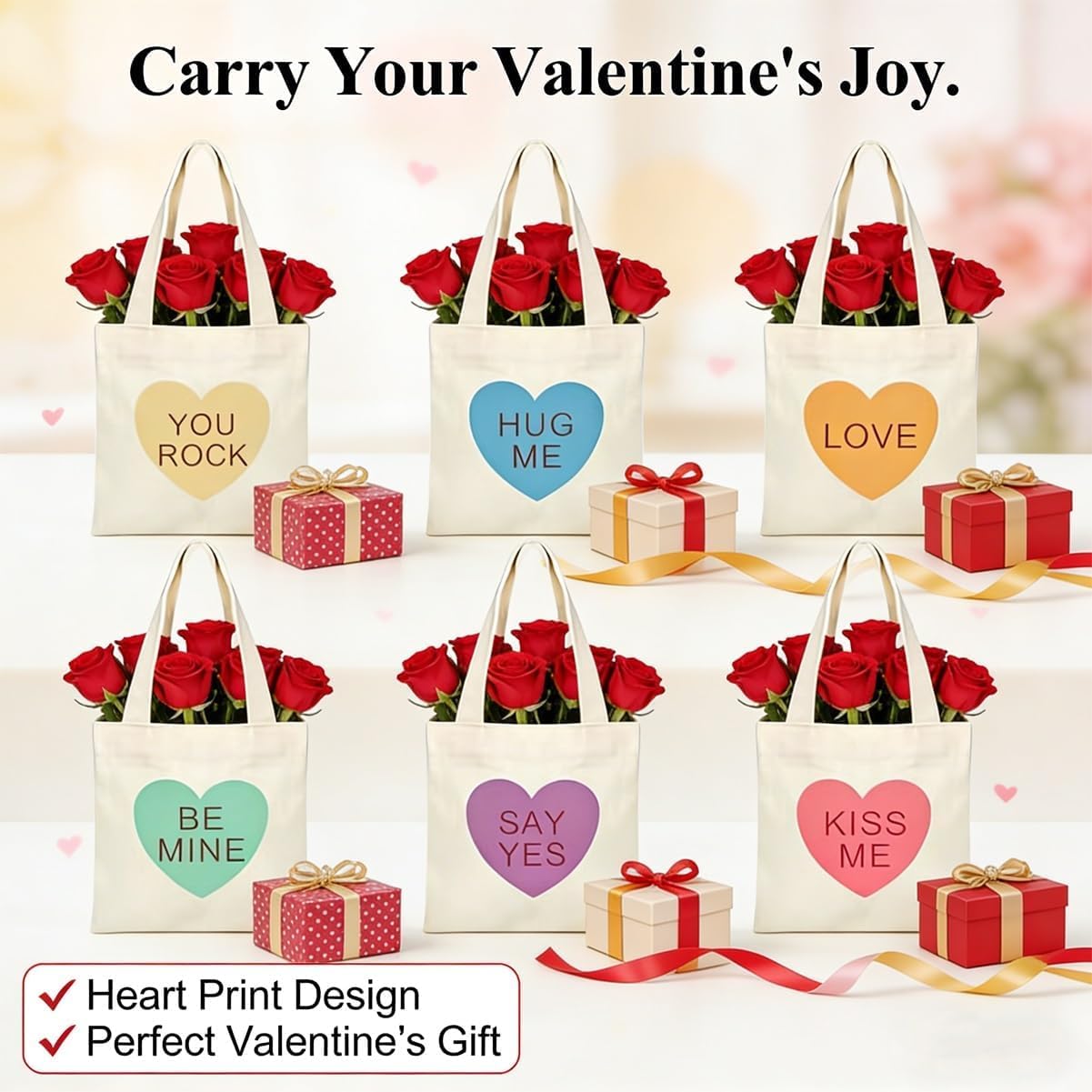 Mini Conversation Heart Bags, 12 Pcs Adorable Valentine's Day Canvas Totes, Reusable Small Gift Goodies Wrapping Pouch for Kids Classroom Exchange, Party Favors & Women Daily Treats (12PCS)