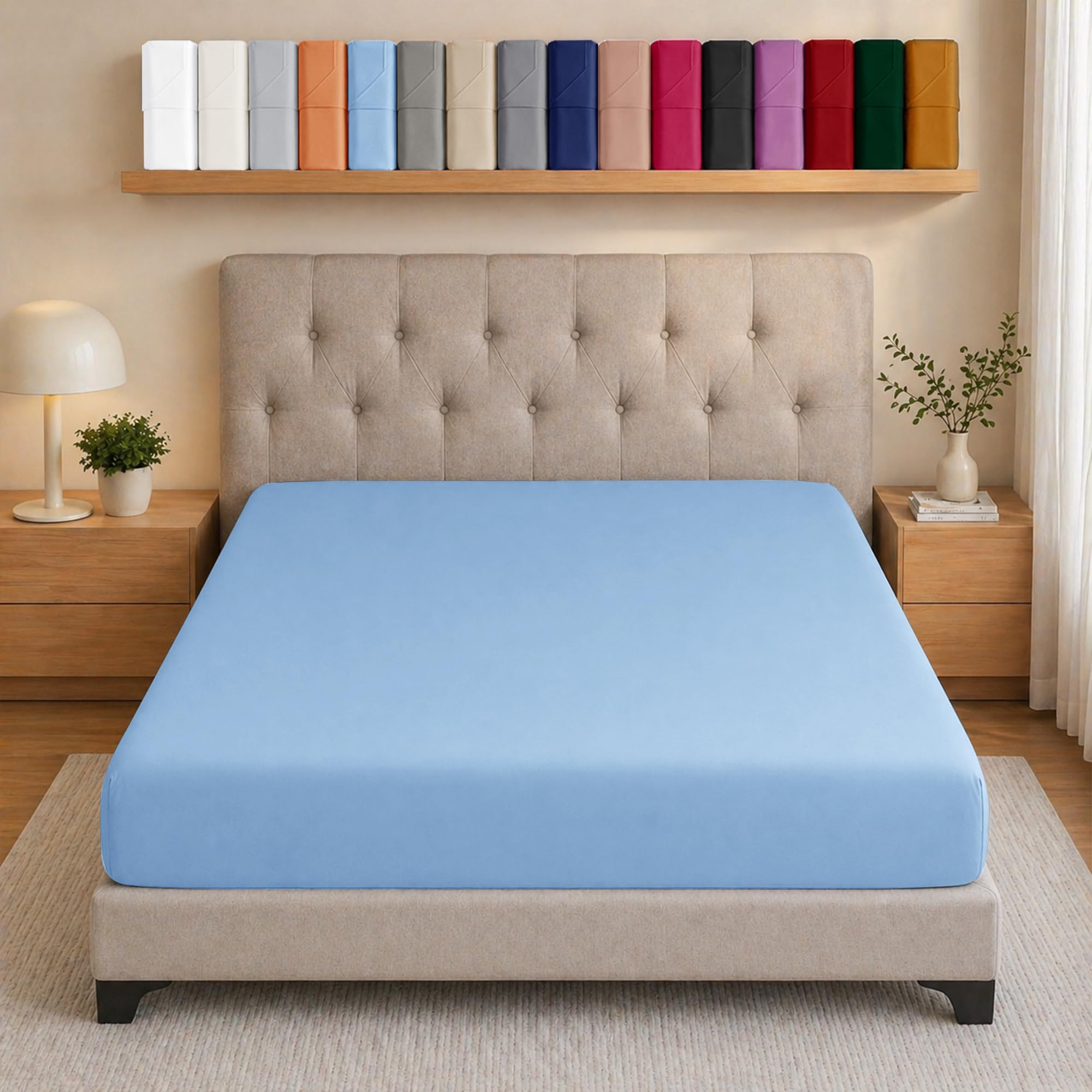 Ameha Sky Blue Double Bed Sheet Deep Pocket Up To 25 Cm Light Blue Fitted Sheet For Double Bed Ultra Soft Brushed Microfiber Elasticated Corners Bottom Sheet Shrinkage And Fade Resistant Breathable