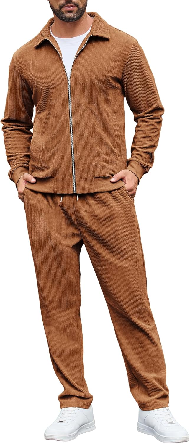 LecGee Men's Corduroy Shacket and Pants Outfits 2 Piece Long Sleeve Causal Autumn Winter Jacket Tracksuit Overshirt Set