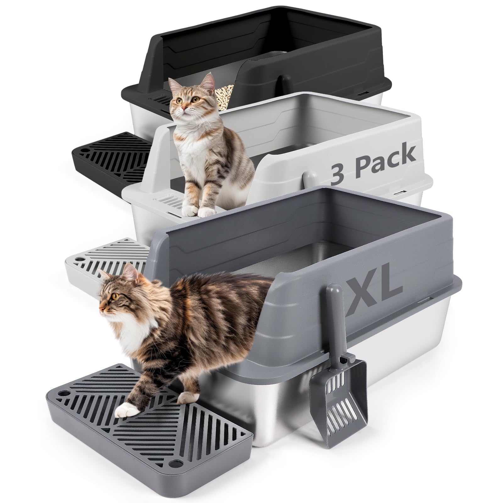 Bartuke 3 Pack Stainless Steel Litter Box, XL 22.9” x 15” x 10.3” High Sided Metal Cat Litter Tray with Scoop, Filter Pedal for Anti-Splash, Non-Sticky, Easy to Clean (Dark Grey&Light Grey&Black)