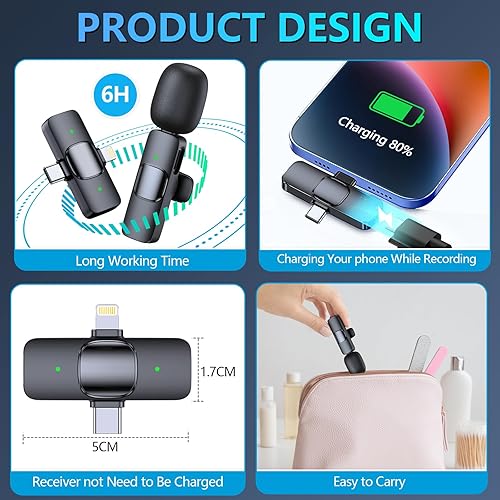 Miniatura 6 de RICCHI Micrófono inalámbrico para iPhone, iPad y teléfono Android, 2 piezas de mini micrófono profesional Plug-Play Clip en micrófonos para
