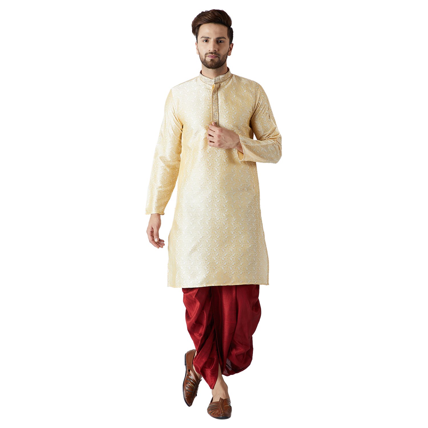 Sojanya (Since 1958, Men's Gold & Maroon Silk Dhoti Kurta Set, Size: L