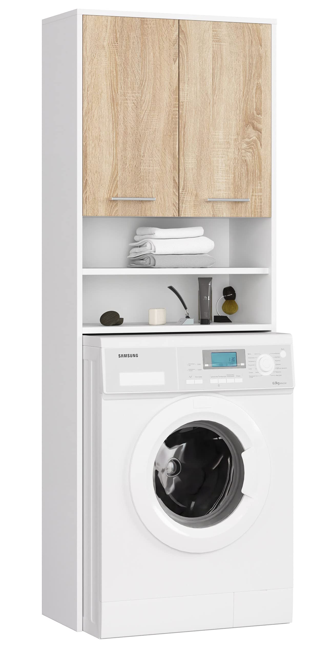 AKORD | Armadio Pensile per Lavatrice | Armadio di trasformazione con 2 ante, 2 Ripiani Aperti | Archivio per bagno | Cassettiera per lavatrice | 64x180x30 cm | Peso 30 kg | Bianco/Rovere Sonoma