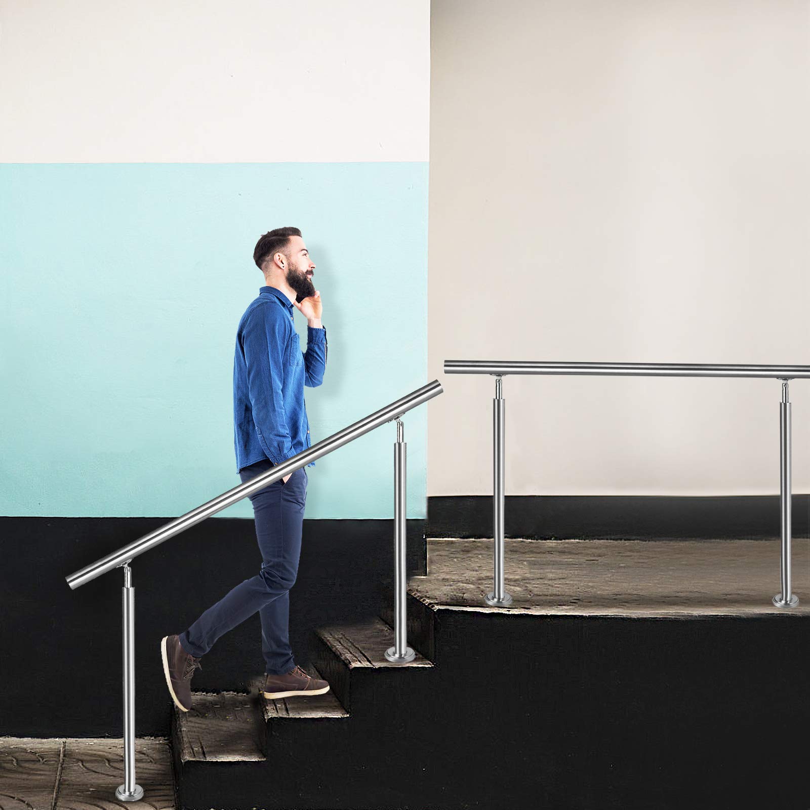 NAIZY Edelstahl-Handlauf Geländer Treppengeländer mit 2 Pfosten für Balkon Treppen Innen und Außen - 150cm Ohne Querstreben