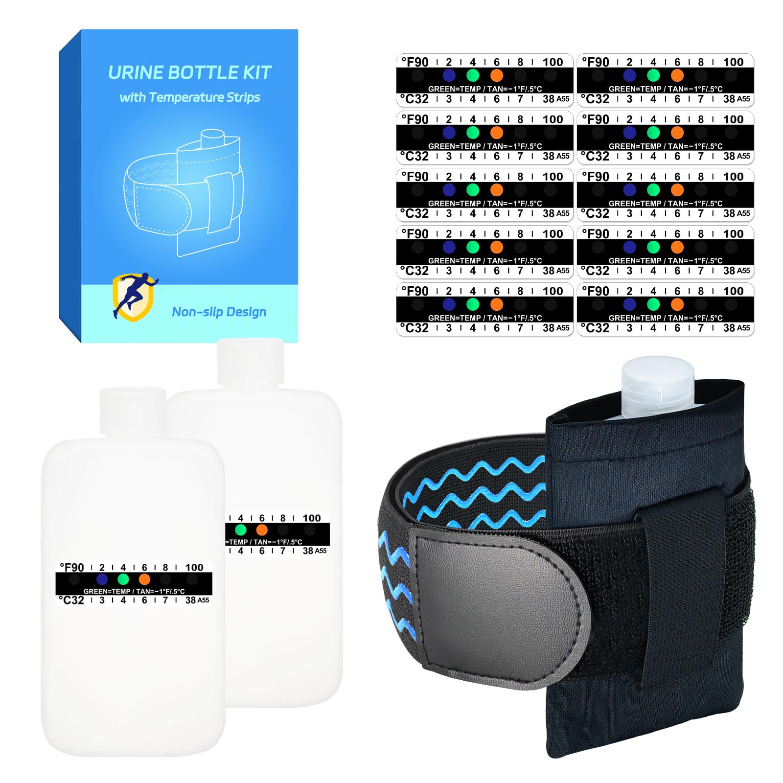 Thinner Urine Test Complete Kit - 3.5oz Translucent Empty Bottle, Non-Falling and Hi-Stretch Hidden Leg Strap, Urine Test Thermometer Sticker and Velour Lining Sample Bag, 100ml Urine Bottle Kit