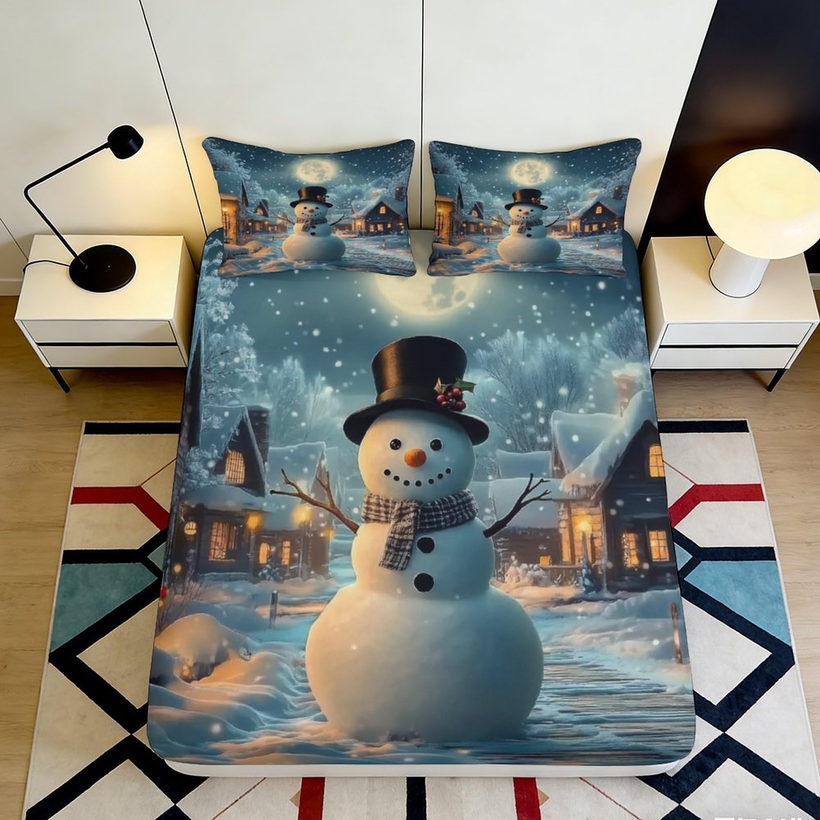 3D Printed Snowman Fitted Sheet Microfiber Soft Breathable Winter Night Bed Cover with Mattress Cover for Bedroom Dormitory Guest Room Protection 160x200x25cm