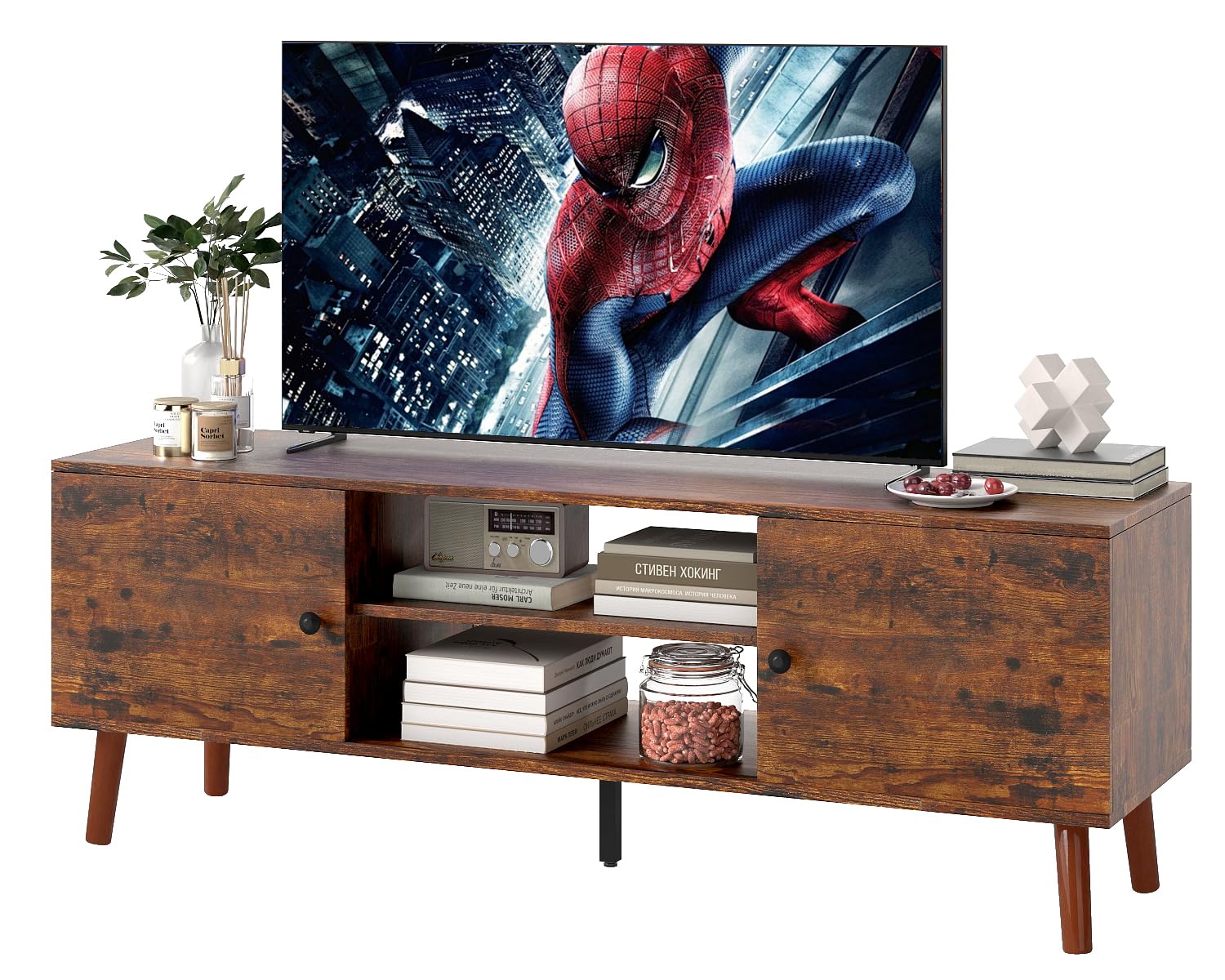 FDW TV Stand for 55 60 Inch TVs,Entertainment Center with 2 Storage Cabinets and Open Shelves, Modern Media Console Table for Living Room, Bedroom,