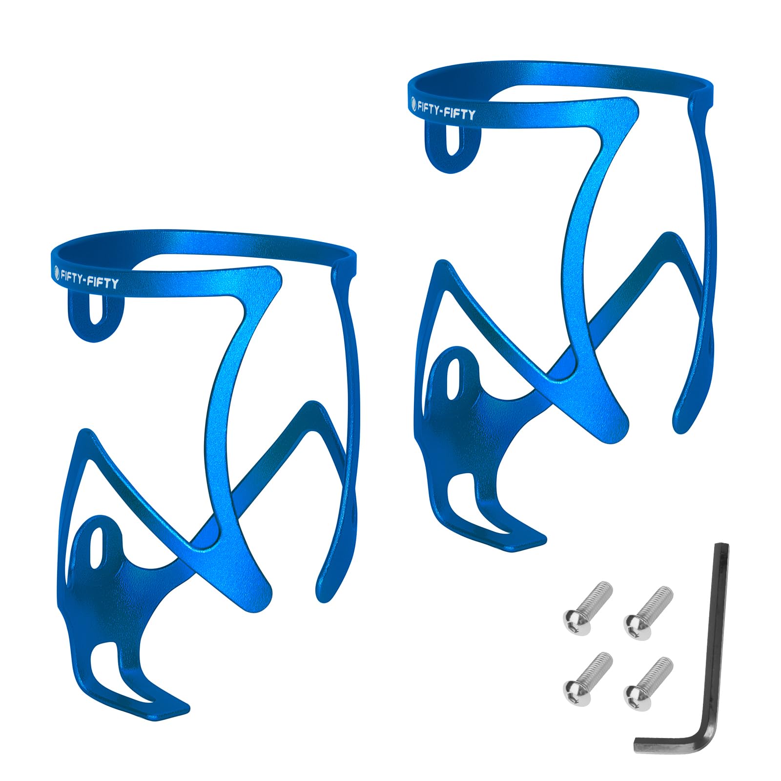 FIFTY-FIFTY Bike Water Bottle Holder, Aluminum Alloy Water Bottle Cage, Lightweight Bicycle Cup Holder Rack with Screws Tool, Universal Bicycle Drink Cage for MTB, Road Bike (2 Sets, Blue)
