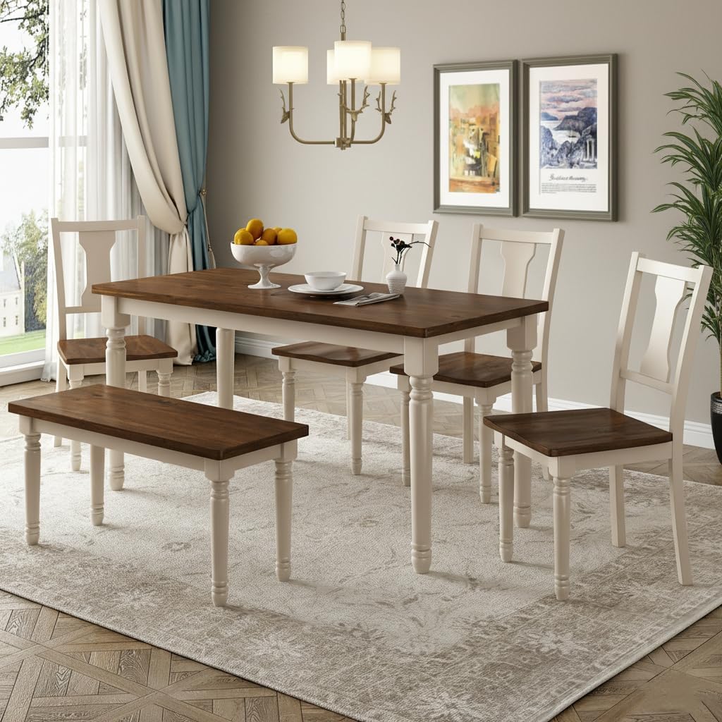LUMISOL 6-Piece Farmhouse Dining Table Set with Bench, Wooden Rectangular Kitchen Table with 4 Upholstered Chairs & Bench, Dining Room Furniture Set for 6, Brown+Cottage White