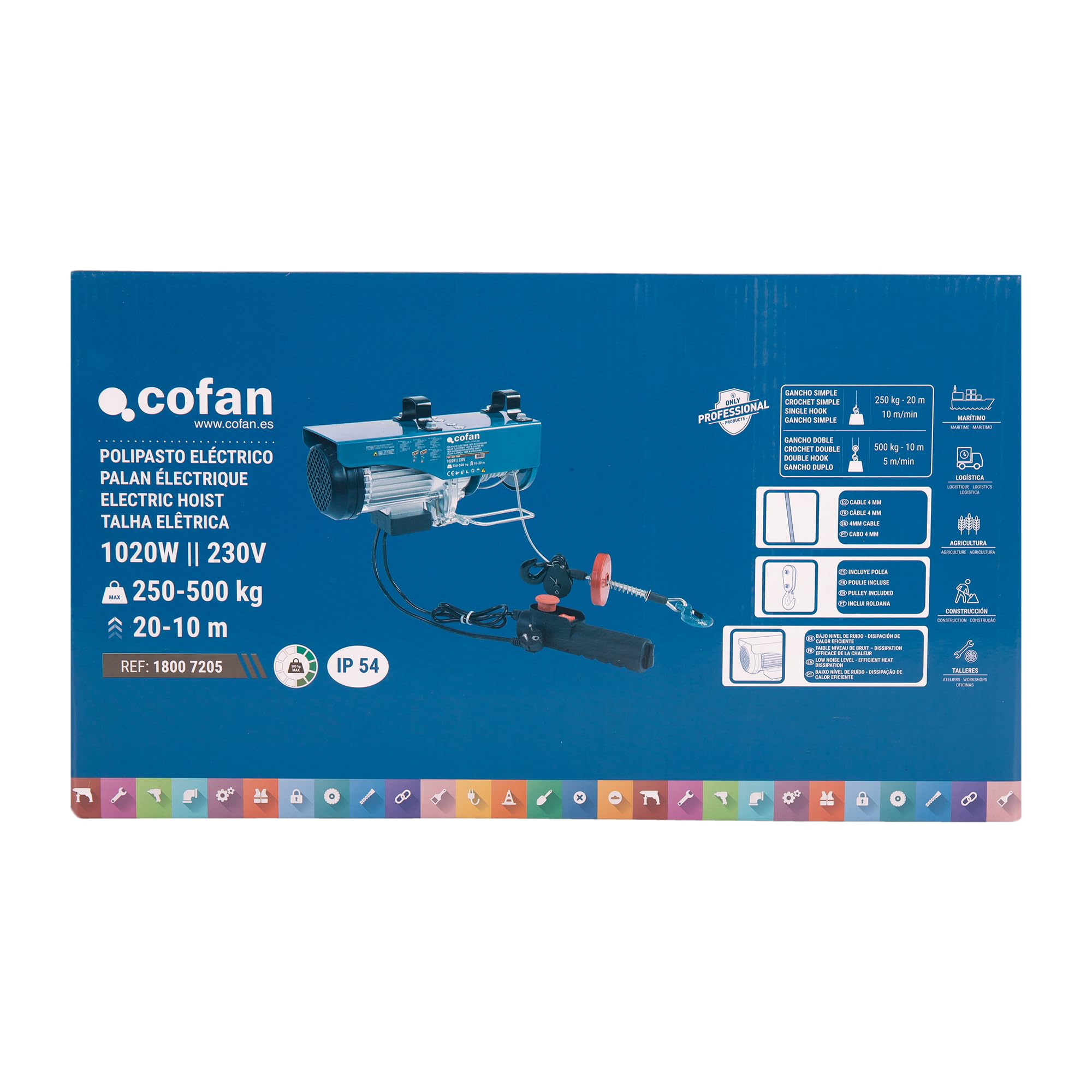 Cofan Polipasto eléctrico 1020 W | Capacidad de carga: 250/500 kg | Altura de elevación: 10/20 m | Parada de emergencia | Incluye mando | Protección IP54