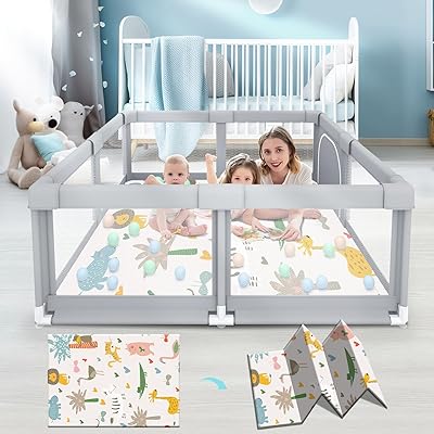 Baby Playpen with Mat, Baby Playpens for Babies and Toddlers, BabyFence Play Pen for Indoor & Outdoor, Sturdy Safety Play Yard with Soft Breathable Mesh, 50 * 50 * 27 inches Grey