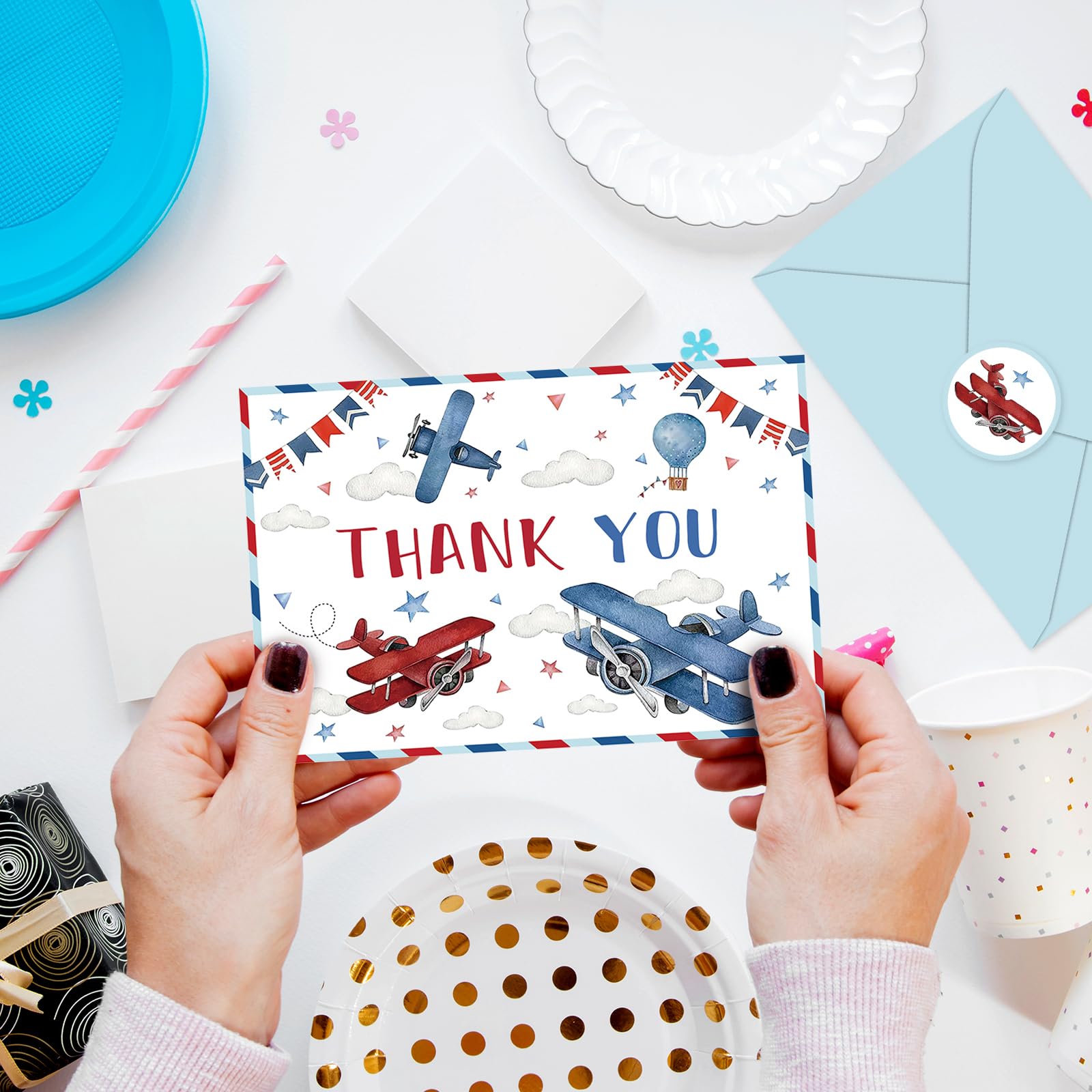 JarThenaAMCS Paquete de 24 tarjetas de agradecimiento de viaje en avión con sobres, calcomanías, tarjeta de notas en blanco para cumpleaños, baby shower, suministros de fiesta