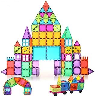 Magnetic Building Blocks Set - 120 Pieces. Set Includes a Variety of 10+ Shapes in a Multiple Colors. Bonus Items Include 2 Cars and 4 Large Building Bases.