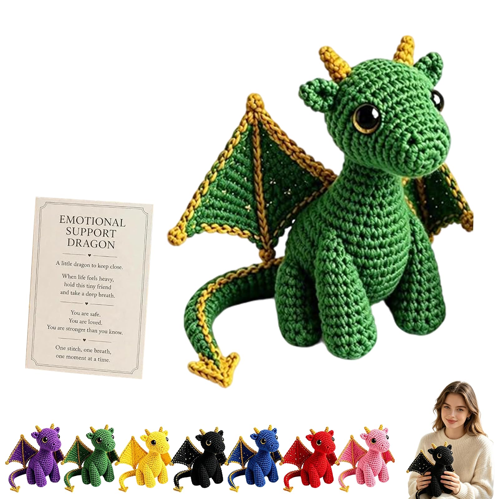 Emotional Support Dragon Pocket Buddy, Inspirational Crochet Animals Stress Relief Gifts,Handmade Knitted Wing Dragon Desk Keepsake with Motivational Cards,F — image 1
