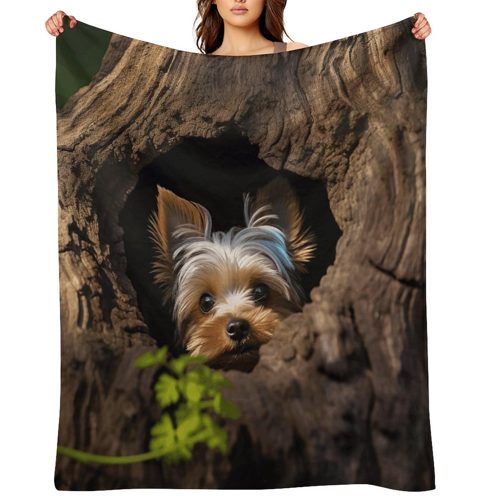A Little Yorkshire Terrier Nestled in A Tree Hole Throw Blanket for Couch and Bed Super Soft Warm Lightweight Throw Blankets Cozy Fuzzy Flannel Blanket Personalized Decorative Blankets for Sofa Decor