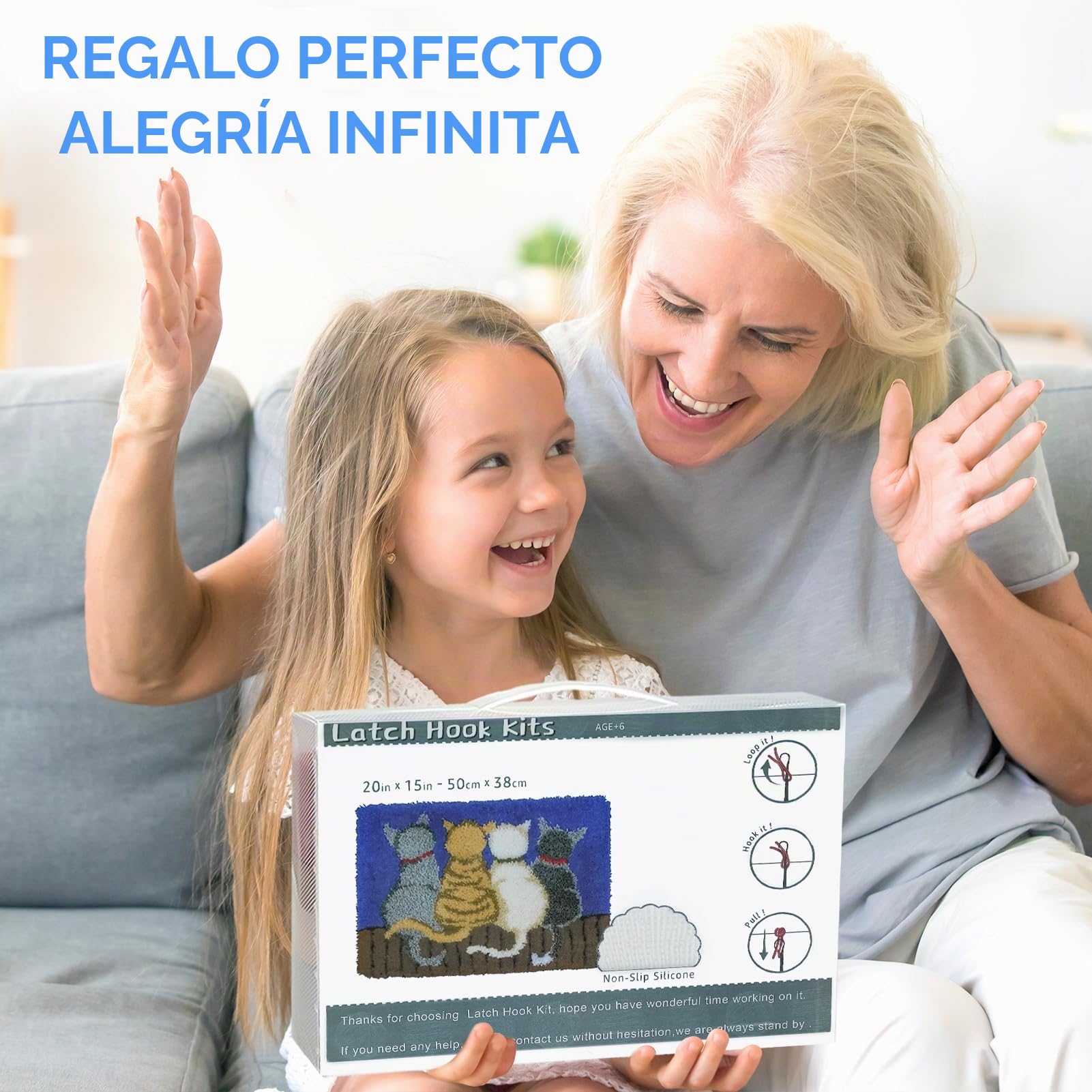 EsLuker.ly Kit de alfombras con gancho de pestillo, alfombra de ganchillo con patrones de gatos, alfombra de hilo de lona preimpresa, manualidades para adultos, niños y principiantes