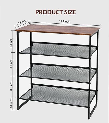 Miniatura 3 de Luwesde Zapatero de 4 niveles, organizador de zapatos independiente ajustable inclinable, parte superior de madera con 4 estantes de malla metálica,