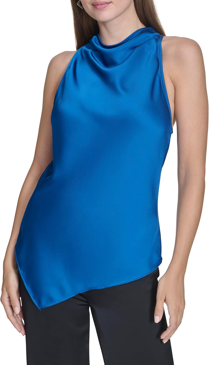 Halston Women's Asymetrical Hem Silk Cowel Neck Sleevless Top