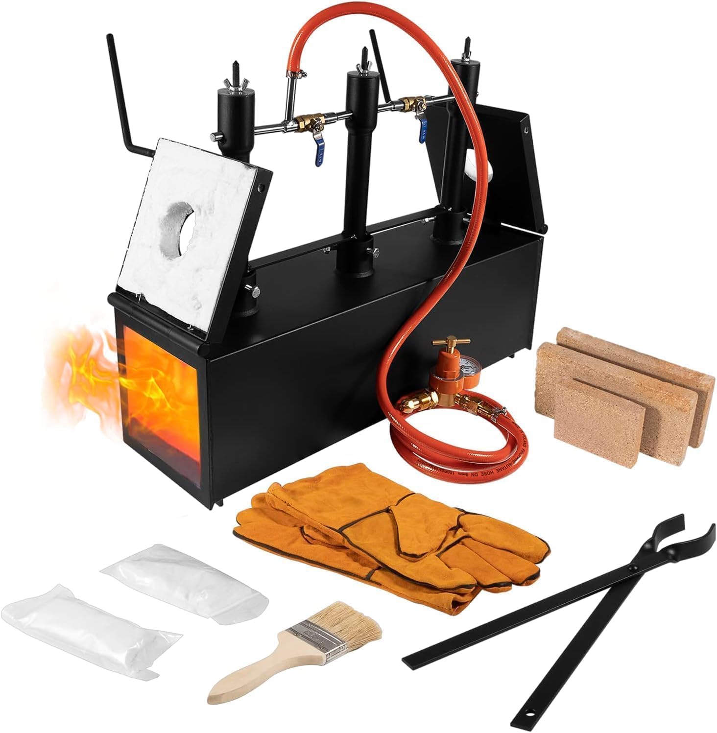 Propane Gas Forge, Triple Burner 2700℉ Blacksmithing Forge Large Capacity Forge, Square Propane Burner Forge with V-Bit Tongs & Leather Welding Gloves for Farrier, Knife and Tool Making