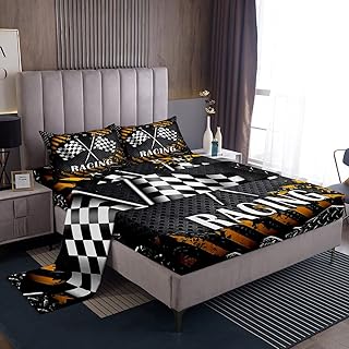 Racing Car Flag Sheet Sets Twin Size,Kids Boys 3D Black White Checkered Bedding Set 3Pcs Teens Vintage Yellow Grey Stripes Bed Sheet All Season Room Decor Top Flat Sheet with 1 Pillowcase