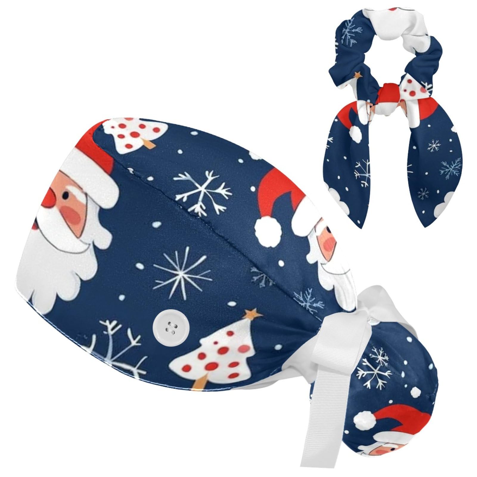 Adjustable Winter Blue Snowflake Surgical Scrub Cap with Button, Ponytail Pouch, Sweatband for Women with Bow Hair Scrunchy