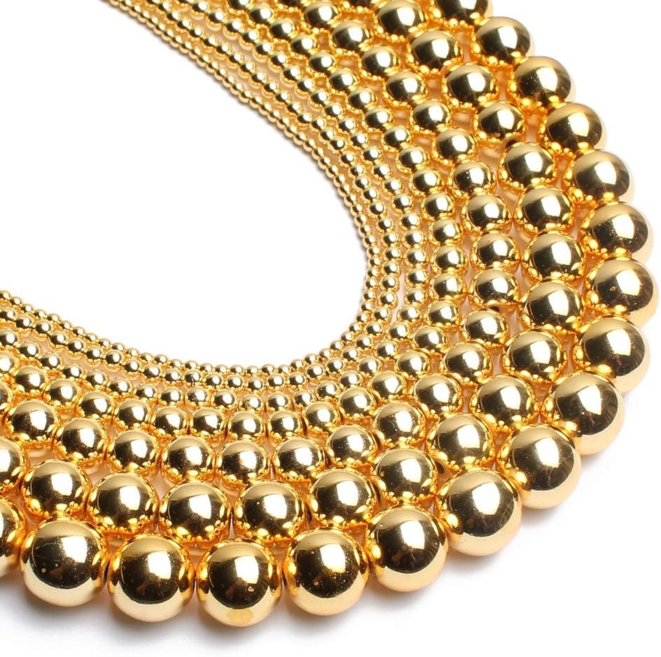 Song Xi 18K Gold Hematite Beads Round Loose Beads for Jewelry Making DIY Bracelets and Necklaces 10mm/38pcs