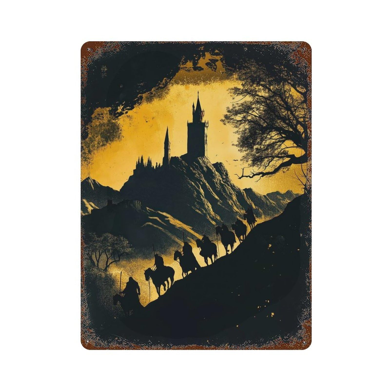 Vintage Rust Metal Sign Silhouetted Riders Approaching Castle 15.7"x11.8", Decorative Metal Wall Art for Basement, Hobby Room And Garage Decor