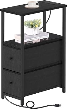 TUTOTAK Narrow End Table, Skinny Side Table with Charging Station
