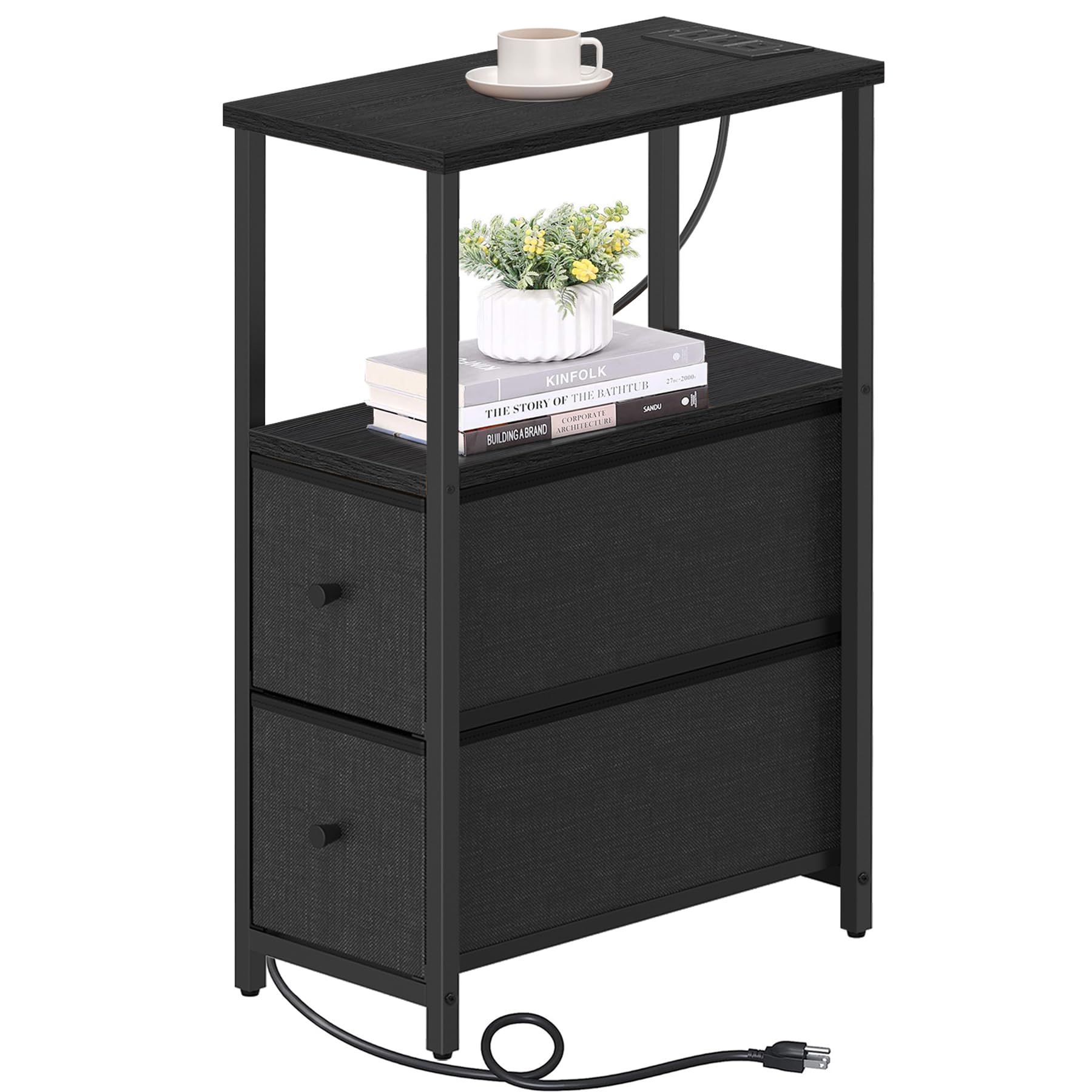 TUTOTAK Small Narrow End Table with Charging Station, Side Table with Outlets, Nightstand with 2 Cloth Drawers, Couch Table, for Living Room, Bedroom,