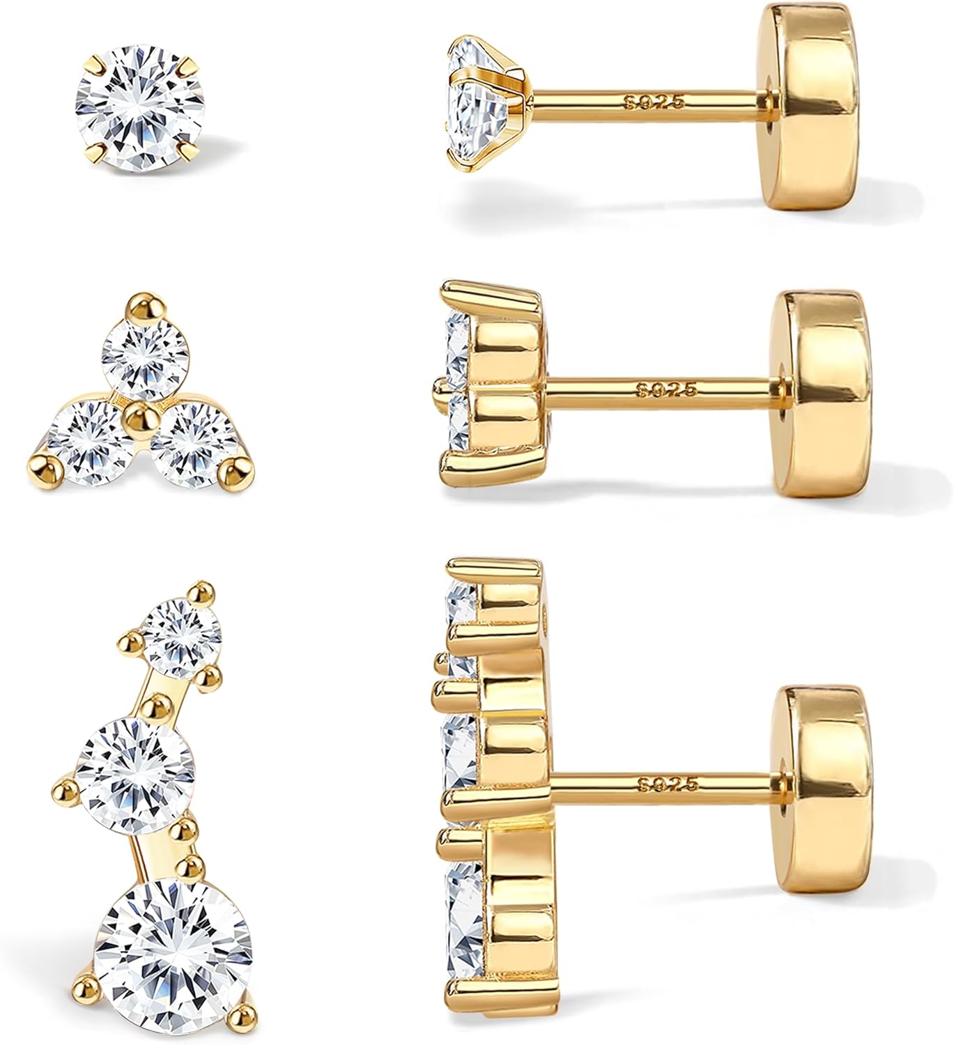 S925 Sterling Silver Flat Back Earrings for Women Hypoallergenic - 14K Gold Plated Flatback Stud Earrings Cartilage Helix Tragus Conch Piercing Jewelry 3 Pairs Dainty CZ Butterfly Studs