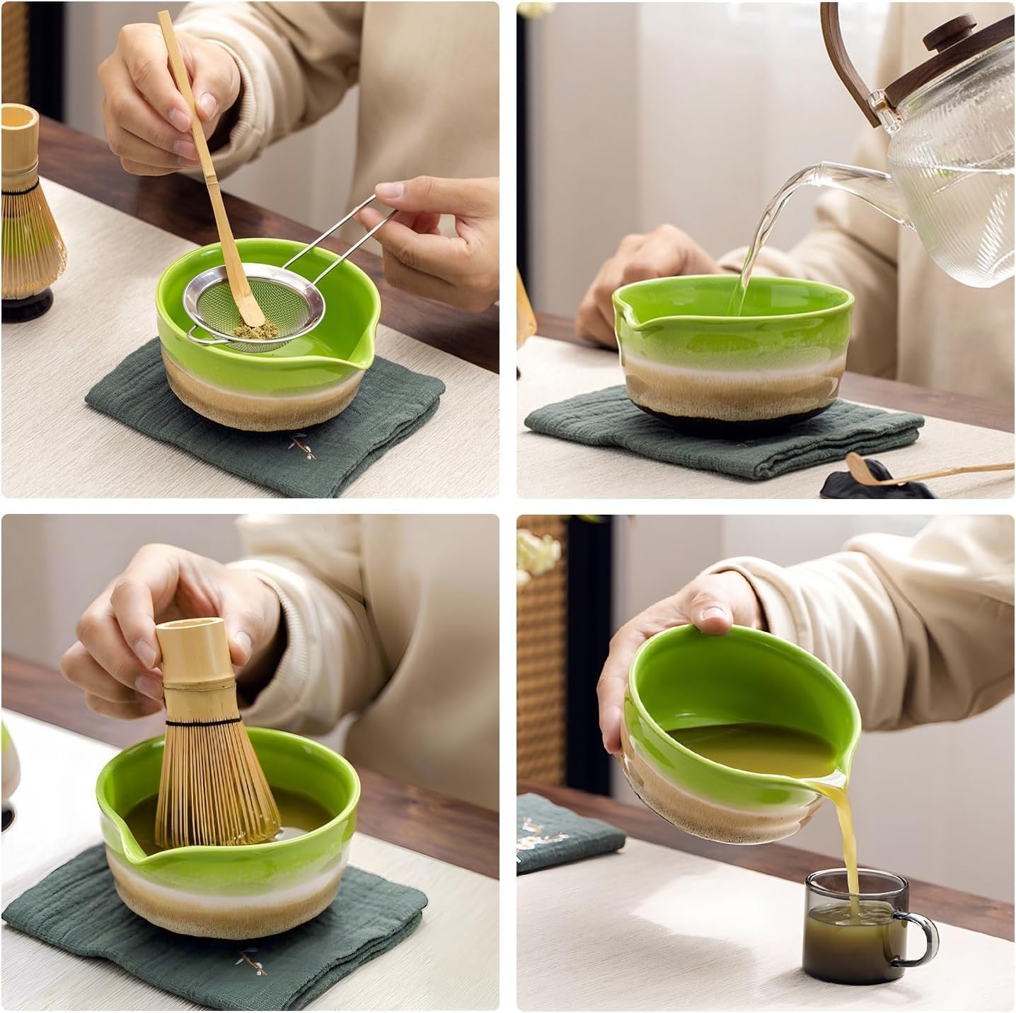 Traditional Japanese Matcha Tea Set, 5 Piece Ceremonial Kit with Bowl, Whisk, Stand, Scoop and Sifter - Green and White