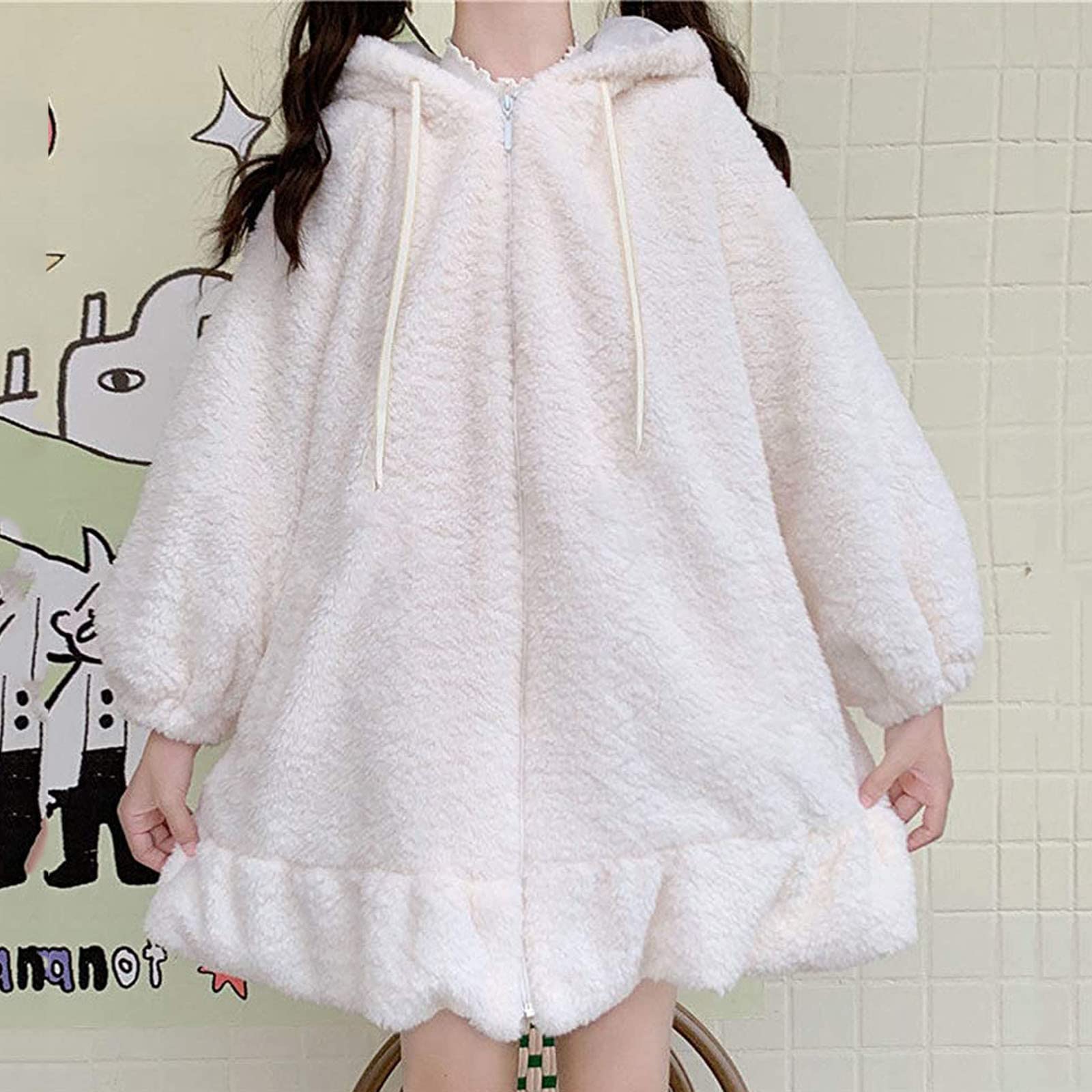 Hasenpullover mit Ohren, niedlich, mit Hasenohren, Kapuze, Ohren, Schwanz, durchgehender Reißverschluss, Baumwoll-Kapuzenpullover für Damen, Tier, Hasenohren, Hasenohren, Kapuzenpullover, niedlicher