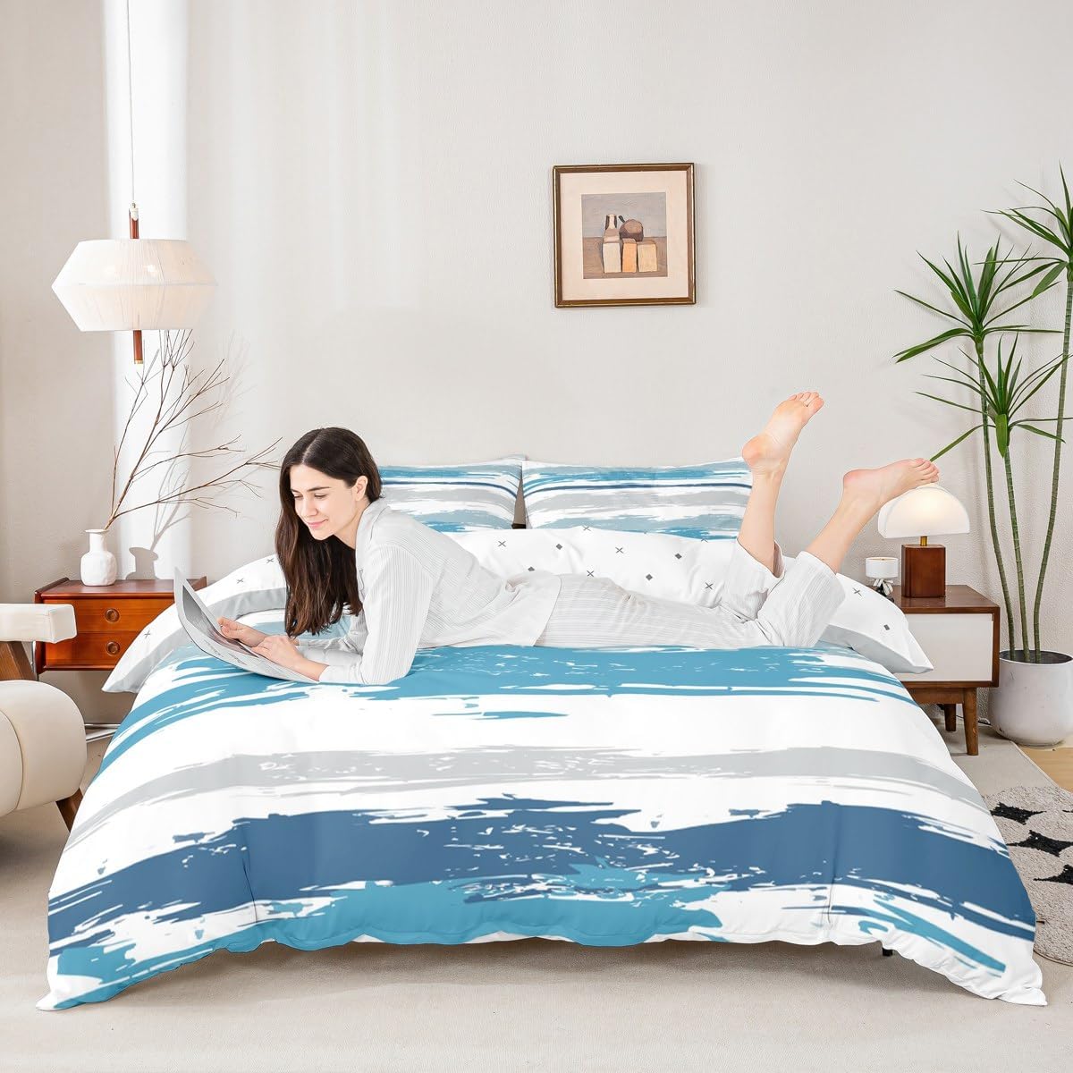 Erosebridal Abstract Blue Duvet Cover Twin Size Modern Teal Grey Striped Bedding Set for Boys Men Geometric Aesthetic Oil Painting Comforter Cover Minimalist Simple Watercolor Bedclothes