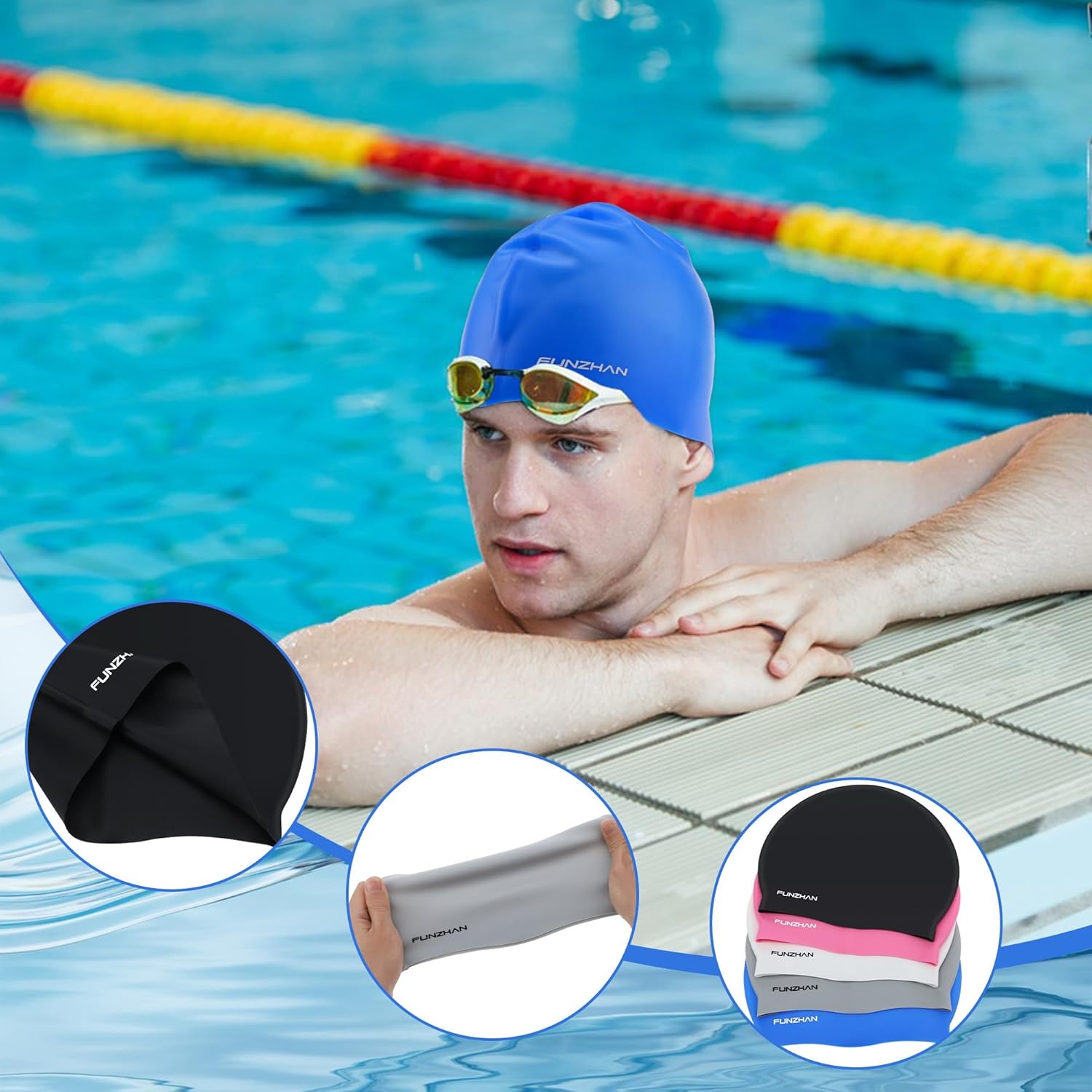 Silicone Swim Cap, Unisex Waterproof Swimming Cap for Adults, Non-Slip High Elasticity Stretchy Bathing Caps for Long Hair & Short Hair, Comfortable Swimming Accessories