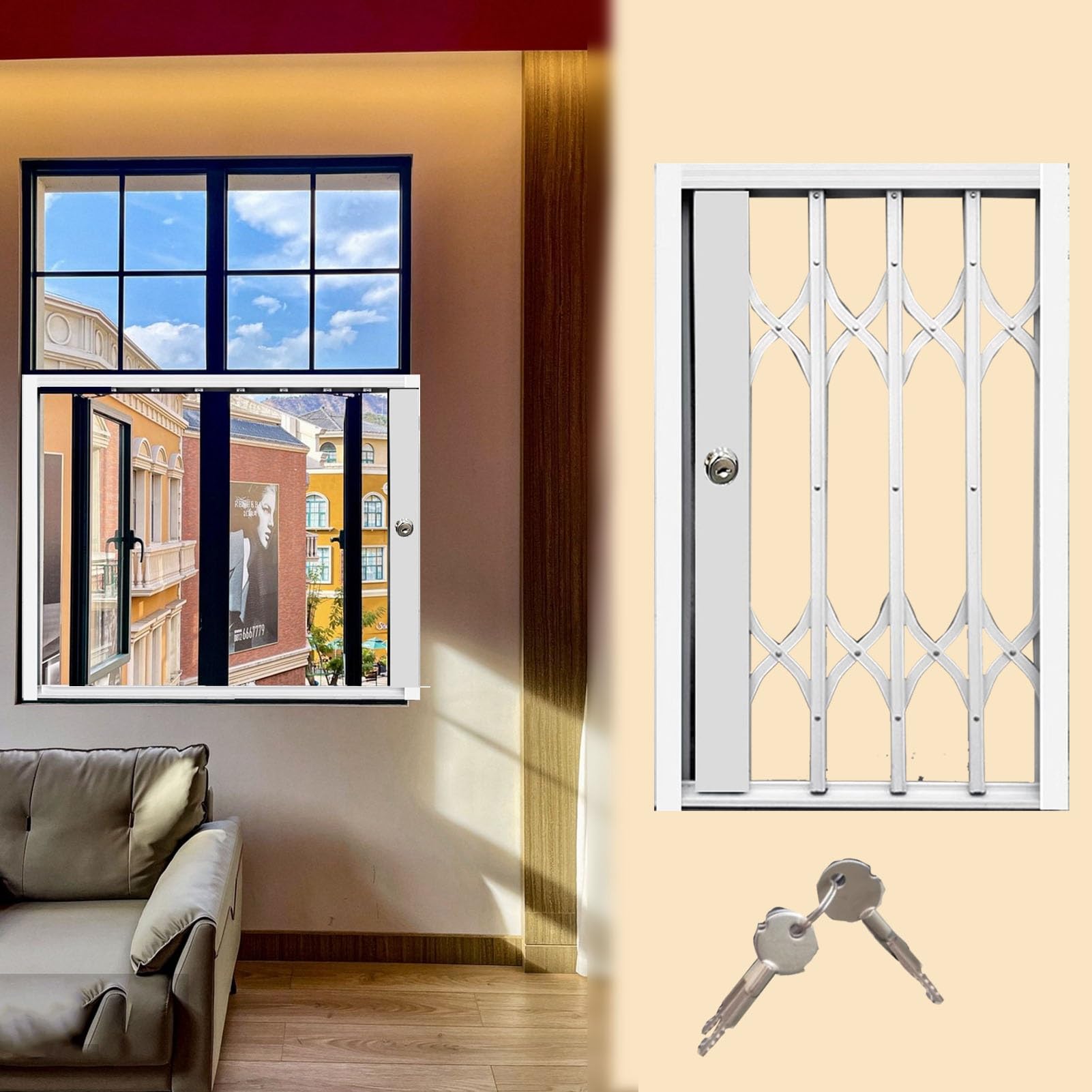 Rejilla de seguridad de aluminio para ventana con llave, malla plegable vertical blanca para ventanas de interior, protección antirrobo para hogares y sótanos, diseño resistente a roturas
