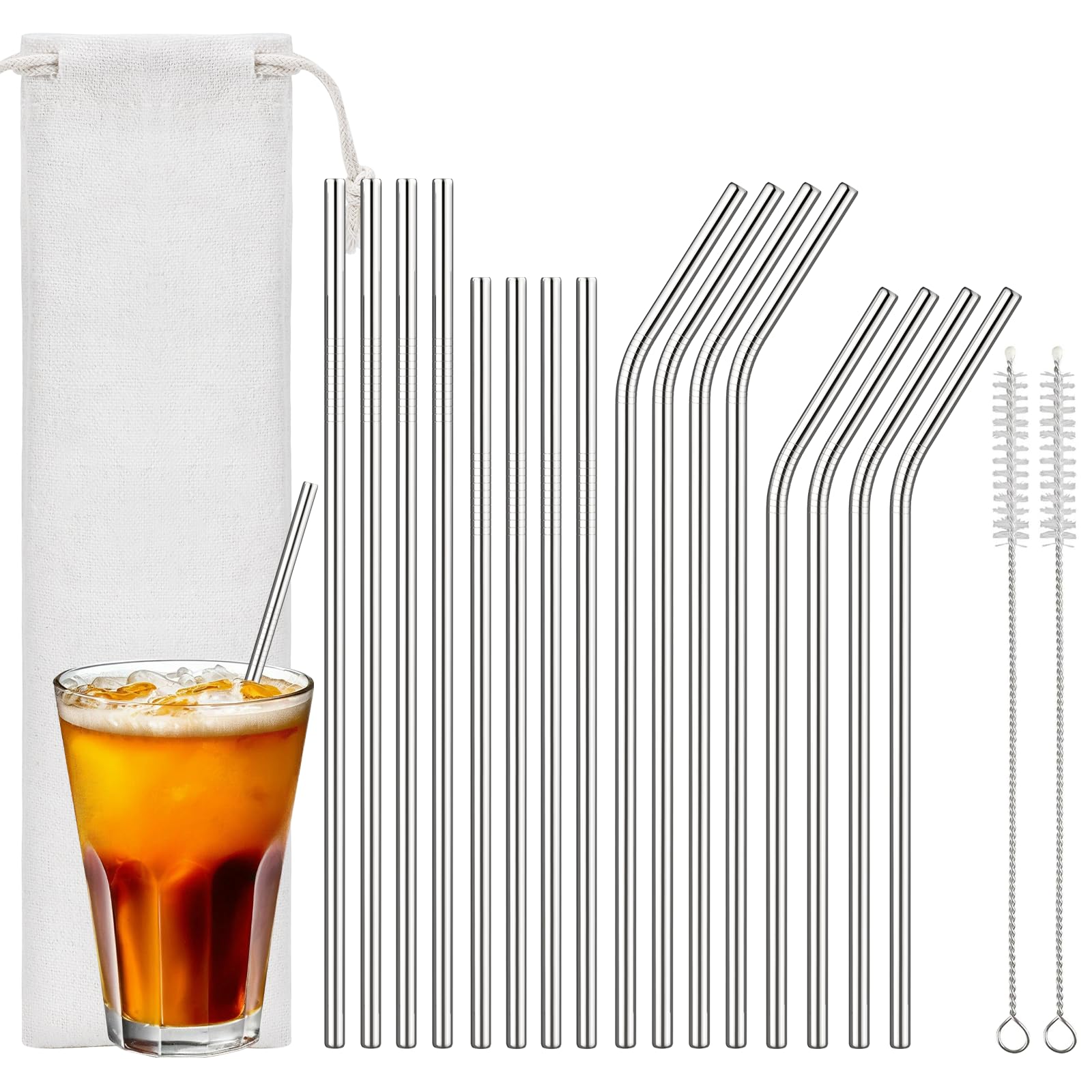 ecooe Metalen rietjes, herbruikbare rietjes, roestvrij staal, 12-delige gouden dunne rietjes, BPA-vrij, met 2 reinigingsborstels, vaatwasmachinebestendig, voor cocktails, smoothies en sappen